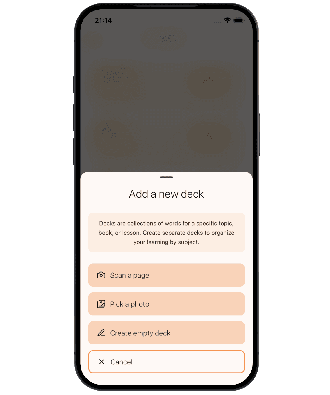 Easy deck creation interface showing page scan, pick a photo and manual input options