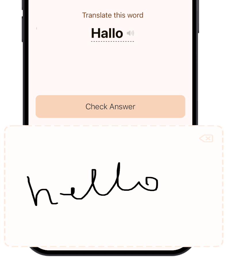 Handwriting practice feature showing word writing with pencil or stylus