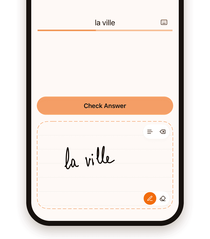 The answer la ville handwritten on the practice canvas, below the Check Answer button