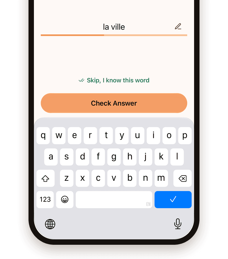 Practice with the on-screen keyboard and the answer la ville typed in
