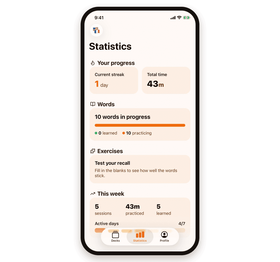 The Statistics screen with the current streak, total practice time, words in progress and this week’s sessions