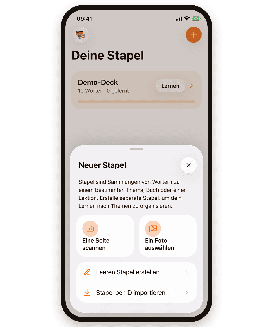 Die Auswahl „Neuer Stapel“ mit „Eine Seite scannen“, „Ein Foto auswählen“, „Leeren Stapel erstellen“ und „Stapel per ID importieren“