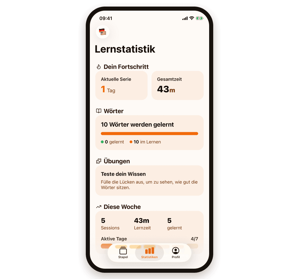 Die Ansicht „Lernstatistik“ mit aktueller Serie, Gesamtzeit, „10 Wörter werden gelernt“ und den Sitzungen dieser Woche