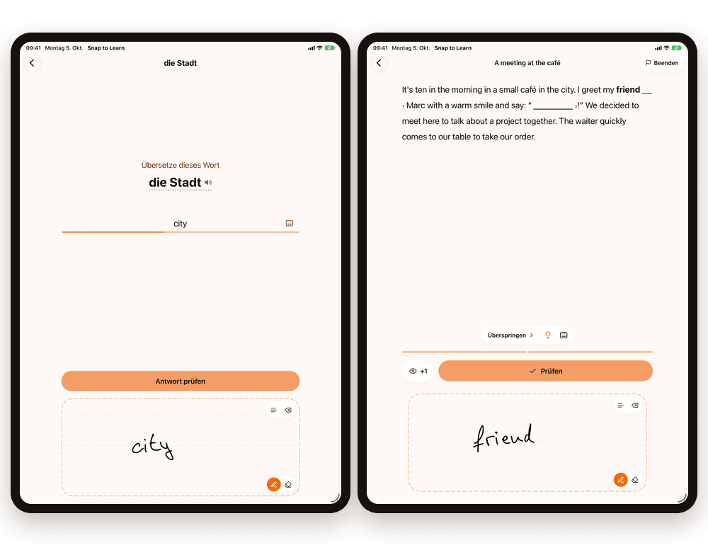 Snap to Learn auf zwei iPads: Lernen mit Handschrift und ein Lückentext