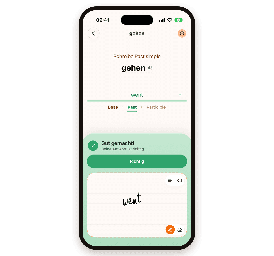 Verbformen lernen mit „gehen“: Das Past simple „went“ ist richtig, darunter die Schritte „Base“, „Past“ und „Participle“