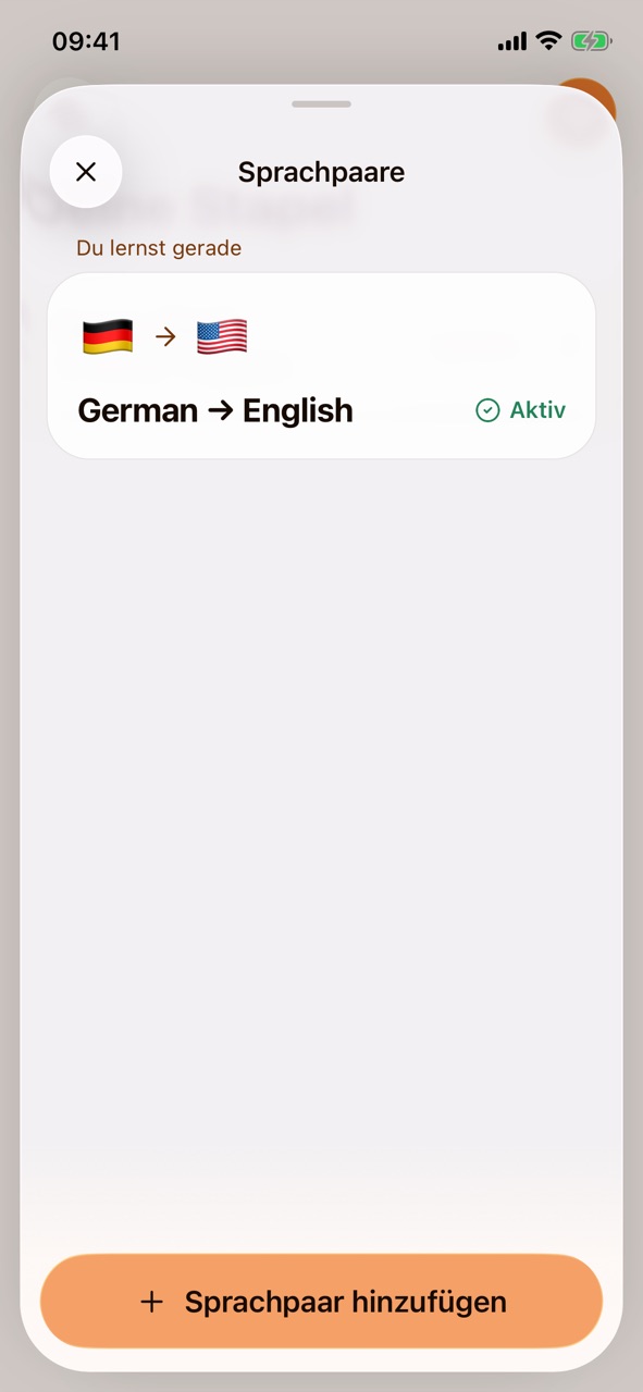 Die Auswahl „Sprachpaare“ mit „German → English“ als aktivem Sprachpaar und der Schaltfläche „Sprachpaar hinzufügen“
