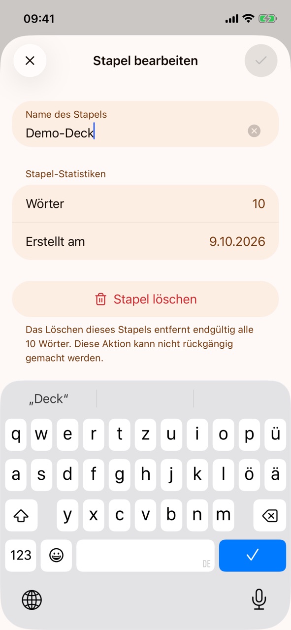 „Stapel bearbeiten“ mit dem Feld „Name des Stapels“ (Demo-Deck), den Stapel-Statistiken „Wörter 10“ und „Erstellt am“ und der Schaltfläche „Stapel löschen“