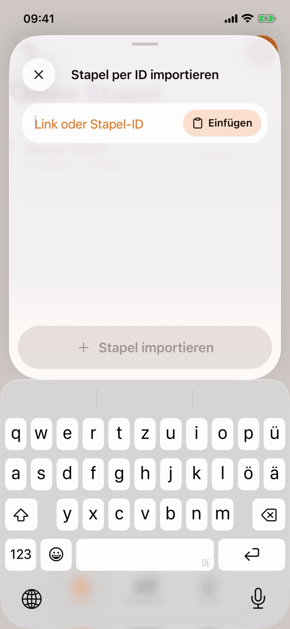 „Stapel per ID importieren“ mit dem Feld „Link oder Stapel-ID“, der Schaltfläche „Einfügen“ und „Stapel importieren“