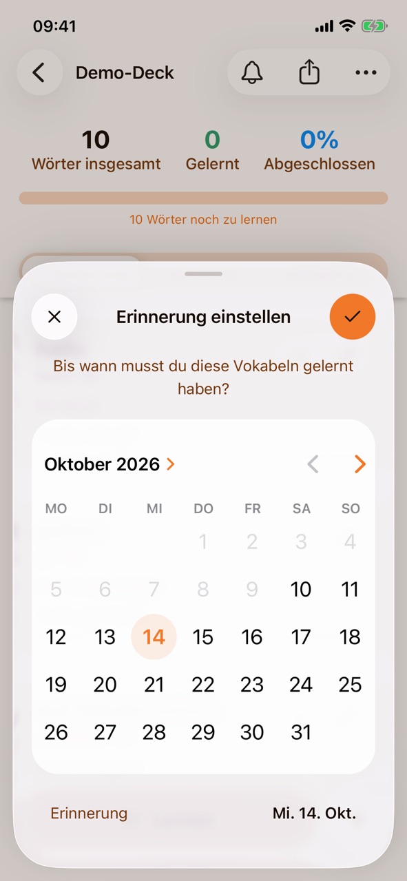 „Erinnerung einstellen“ mit der Frage „Bis wann musst du diese Vokabeln gelernt haben?“, einem Kalender für „Oktober 2026“ und dem gewählten Datum „Mi. 14. Okt.“