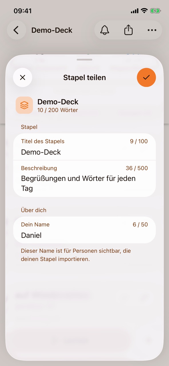 „Stapel teilen“ für das Demo-Deck (10 / 200 Wörter) mit ausgefüllten Feldern „Titel des Stapels“, „Beschreibung“ und „Dein Name“ (Daniel)