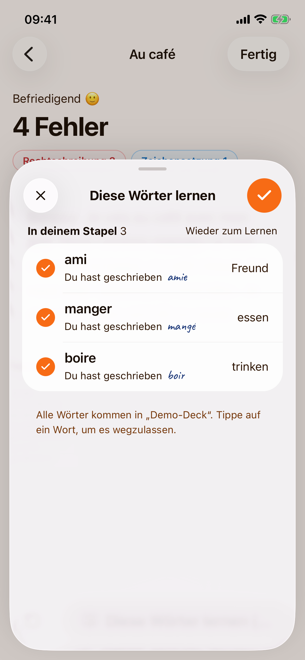 „Diese Wörter lernen“ mit ami, manger und boire unter „In deinem Stapel“, jeweils mit dem, was geschrieben wurde: amie, mangé, boir