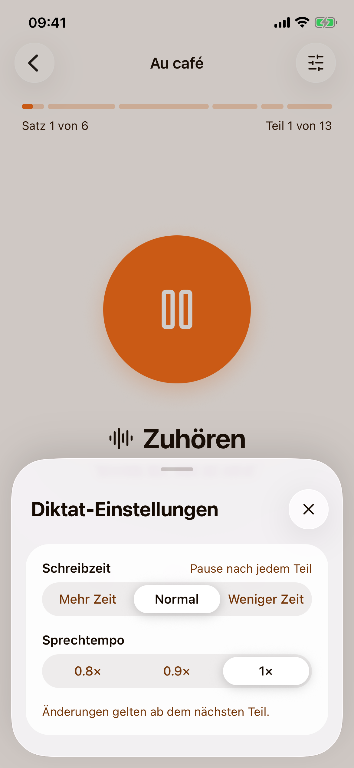 Die Einstellungen des Diktats mit „Schreibzeit“ (Mehr Zeit, Normal, Weniger Zeit) und „Sprechtempo“ (0.8×, 0.9×, 1×)