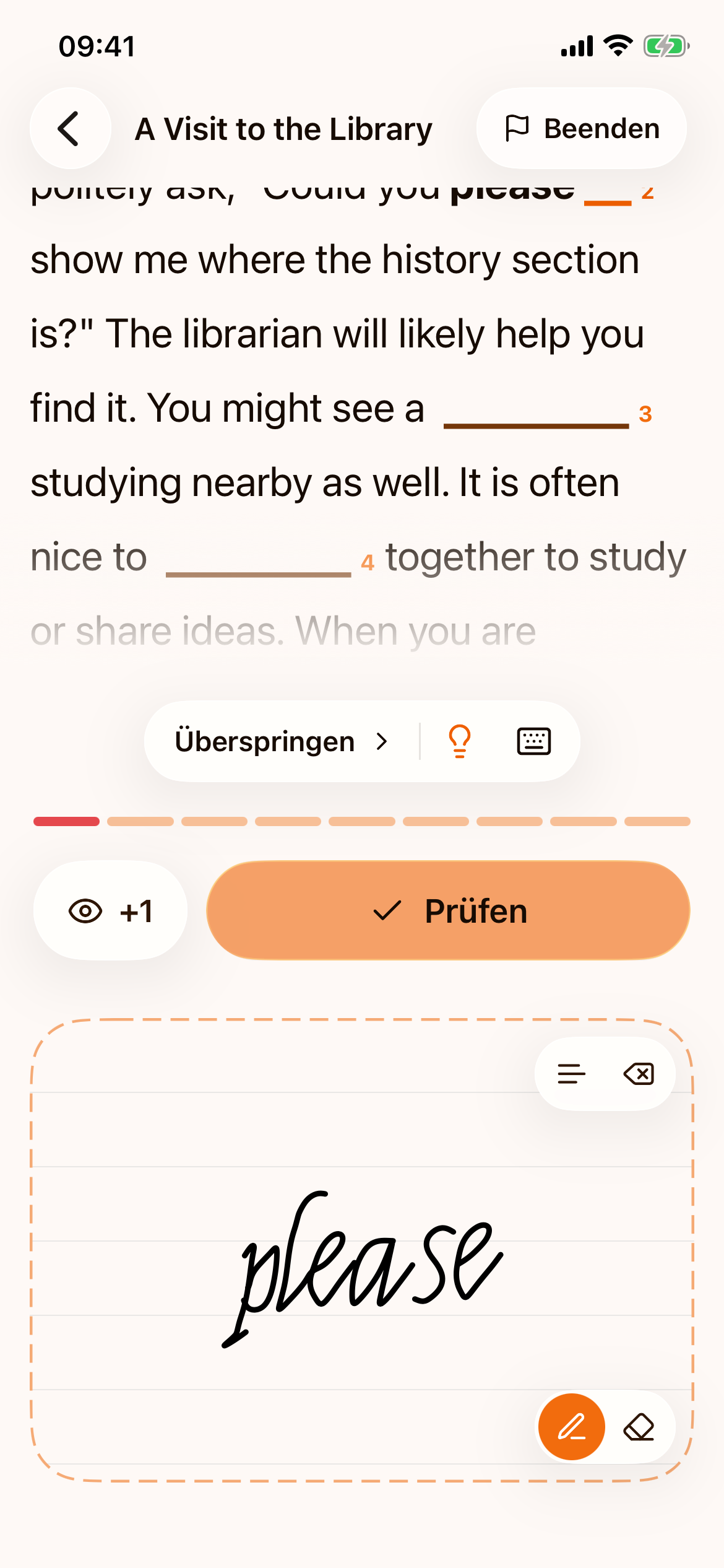 Eine Lücke mit der Hand beantworten: „please“ auf der Schreibfläche unten auf dem Bildschirm, darüber der Text mit den Lücken 2 bis 4