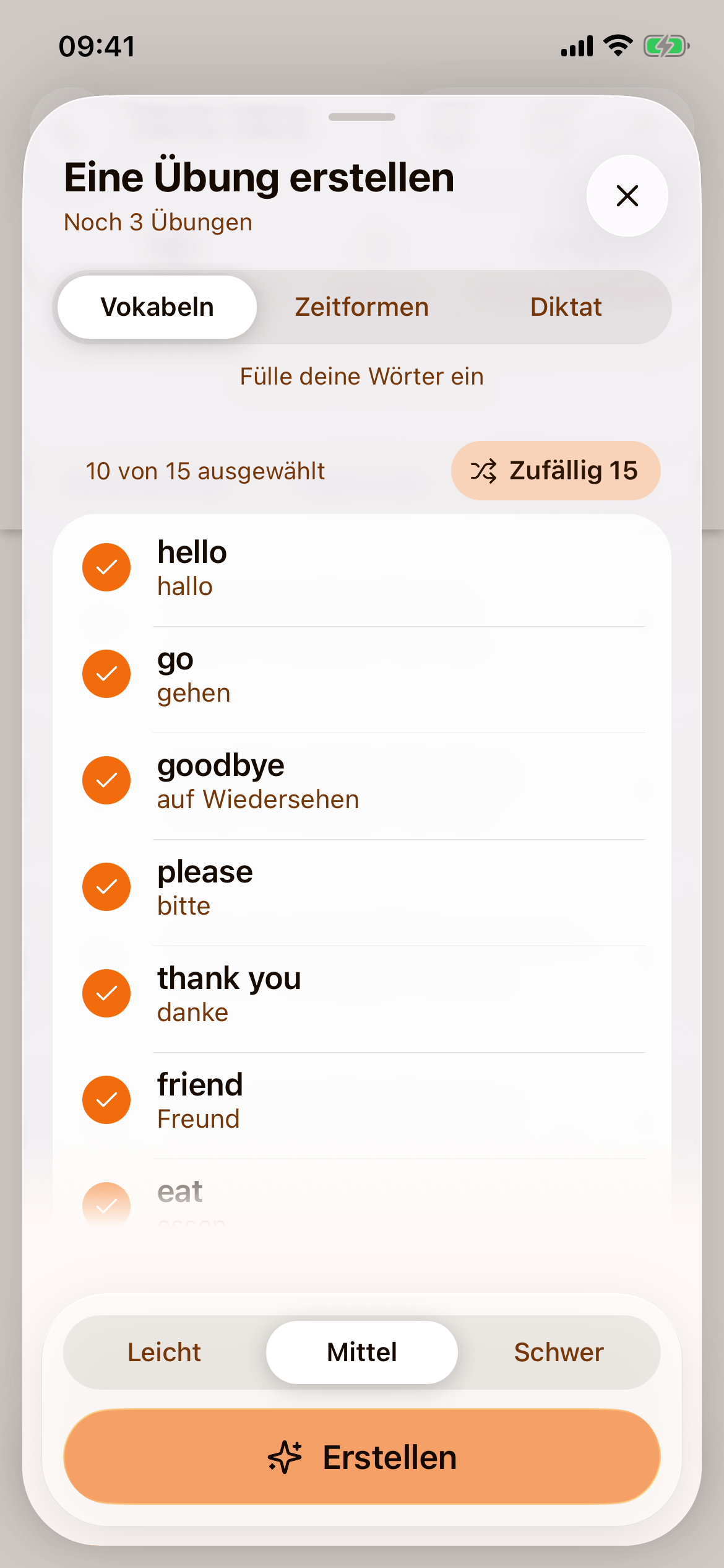 Zehn ausgewählte Wörter mit orangen Häkchen, „10 von 15 ausgewählt“, Schwierigkeit „Mittel“ und die aktive Schaltfläche „Erstellen“