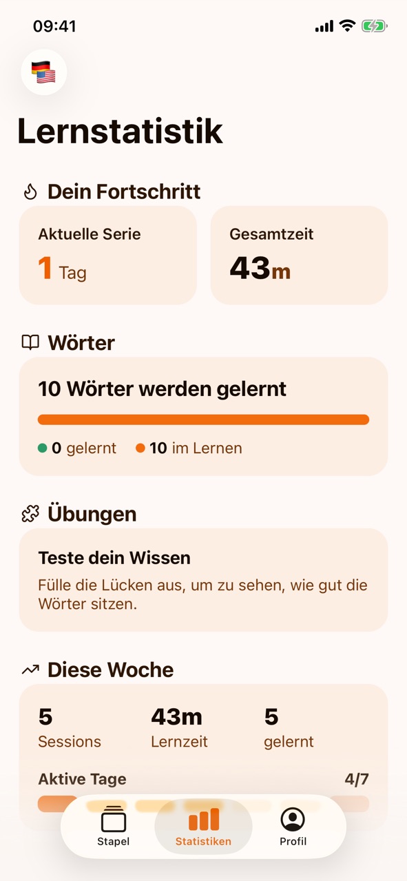 Der Tab „Statistiken“ mit der Überschrift „Lernstatistik“ und den Abschnitten „Dein Fortschritt“ (Aktuelle Serie 1 Tag, Gesamtzeit 43m), „Wörter“, „Übungen“ und „Diese Woche“