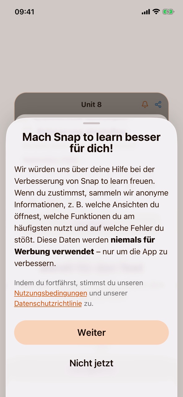 Die Datenschutzfrage mit der Überschrift „Mach Snap to learn besser für dich!“, der Schaltfläche „Weiter“ und dem Link „Nicht jetzt“