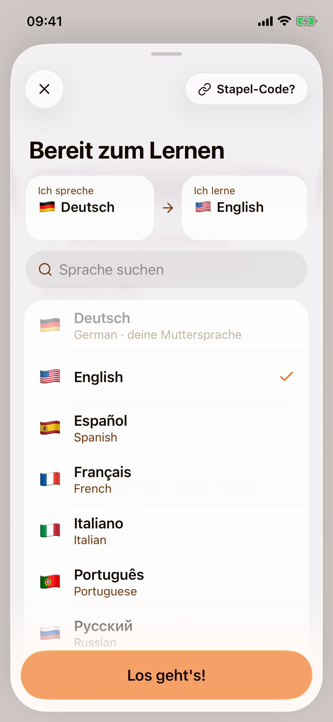 Die Sprachauswahl mit der Überschrift „Bereit zum Lernen“, Deutsch unter „Ich spreche“, English unter „Ich lerne“ und der Schaltfläche „Los geht's!“
