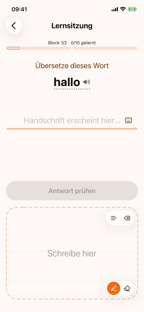 Die Schreibfläche mit Hilfslinien, „Schreibe hier“, Stift und Radierer unten rechts sowie den Symbolen für Hilfslinien und Löschen oben rechts