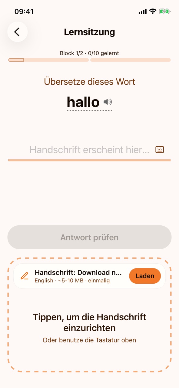 Die Schreibfläche mit dem Hinweis „Handschrift: Download nötig“ (English · ~5–10 MB · einmalig), der Schaltfläche „Laden“ und „Tippen, um die Handschrift einzurichten“