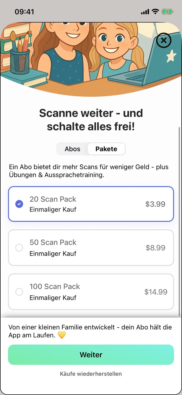 Die Upgrade-Ansicht „Scanne weiter - und schalte alles frei!“ im Tab „Pakete“ mit „20 Scan Pack“, „50 Scan Pack“ und „100 Scan Pack“, jeweils „Einmaliger Kauf“, darunter „Weiter“ und „Käufe wiederherstellen“