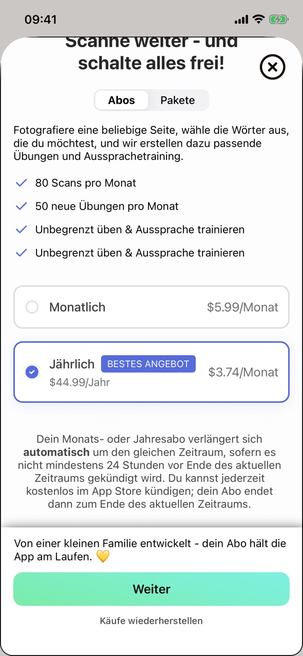 Die Upgrade-Ansicht „Scanne weiter - und schalte alles frei!“ im Tab „Abos“ mit den Vorteilen von Plus und den Abos „Monatlich“ und „Jährlich“ (Bestes Angebot)