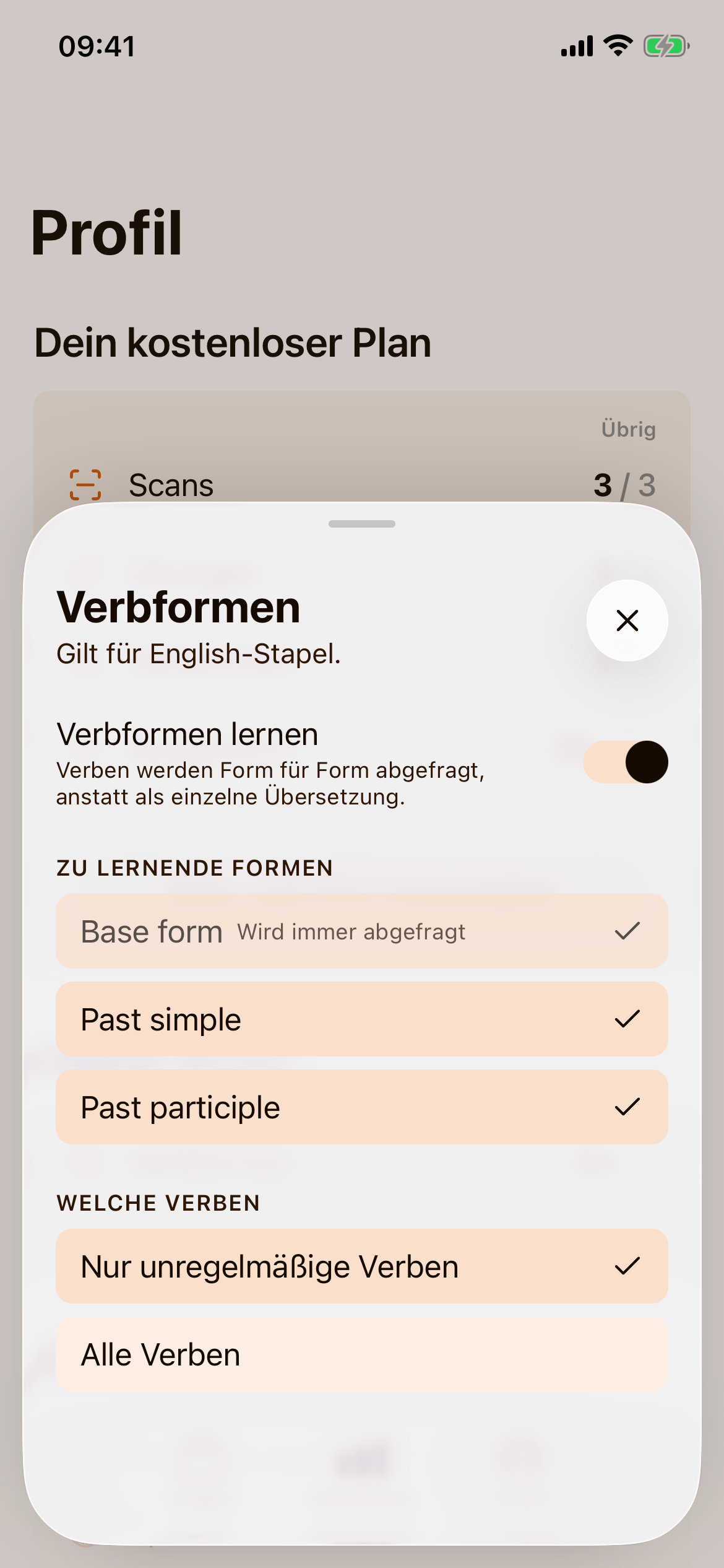 Die Einstellungen „Verbformen“ (Gilt für English-Stapel.) mit dem Schalter „Verbformen lernen“, den zu lernenden Formen „Base form“, „Past simple“ und „Past participle“ und der Wahl zwischen „Nur unregelmäßige Verben“ und „Alle Verben“