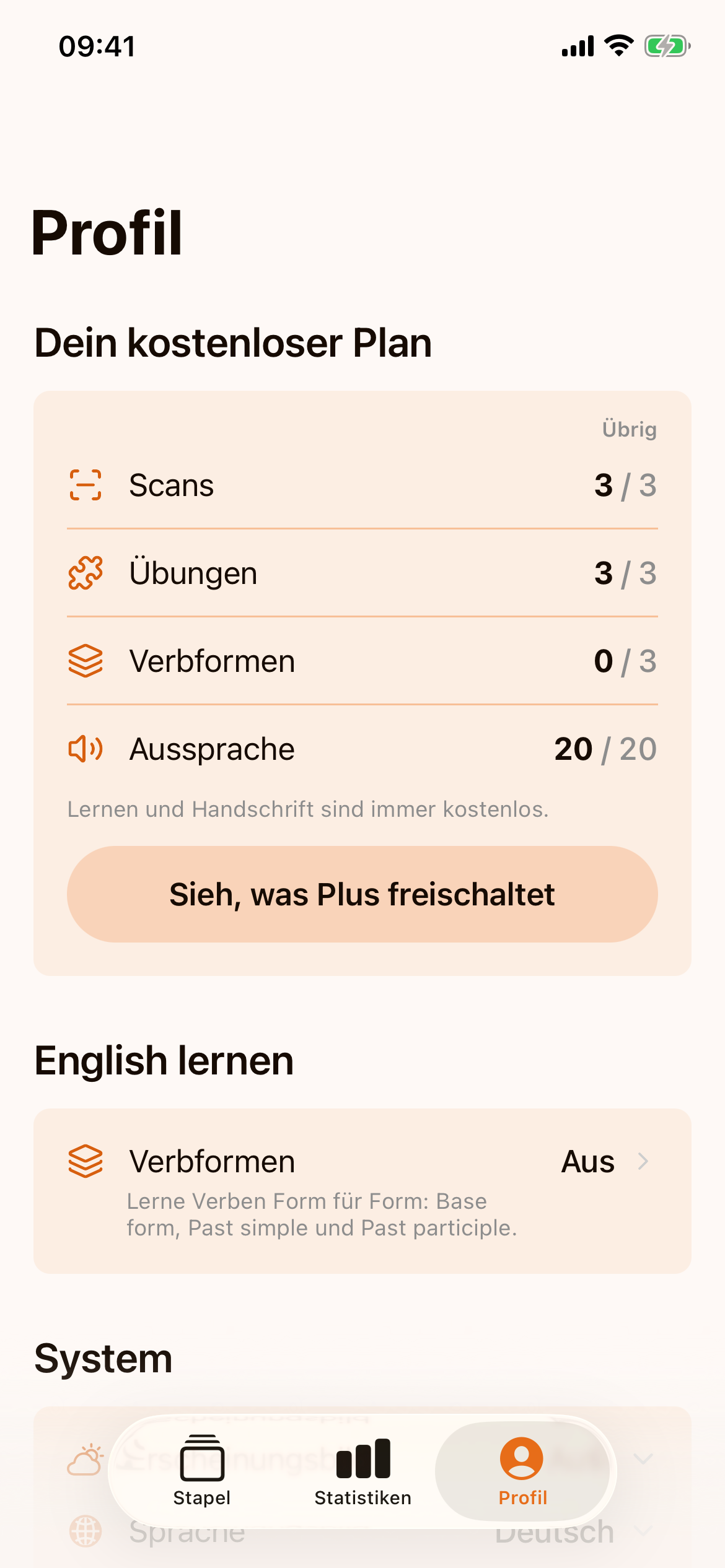 Der Tab „Profil“ mit „Verbformen 0 / 3“ im kostenlosen Plan und der Zeile „Verbformen – Aus“ im Abschnitt „English lernen“