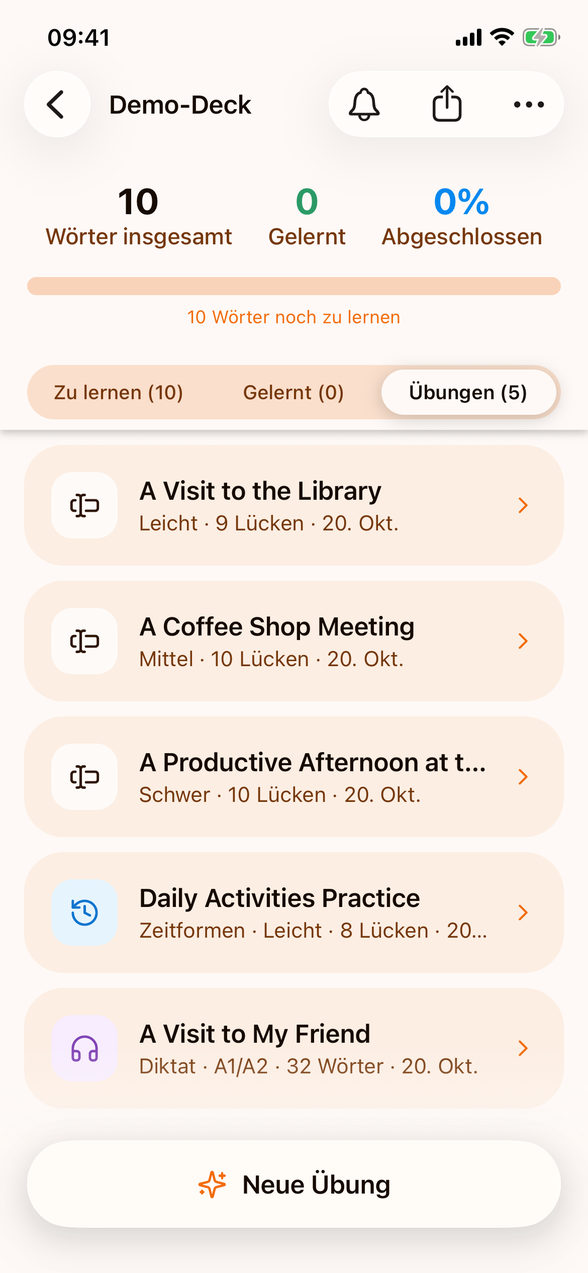 Der Tab „Übungen (5)“ im Demo-Deck mit drei Vokabel-Übungen, der Übung „Daily Activities Practice“ mit dem Vermerk „Zeitformen“ und einem Diktat