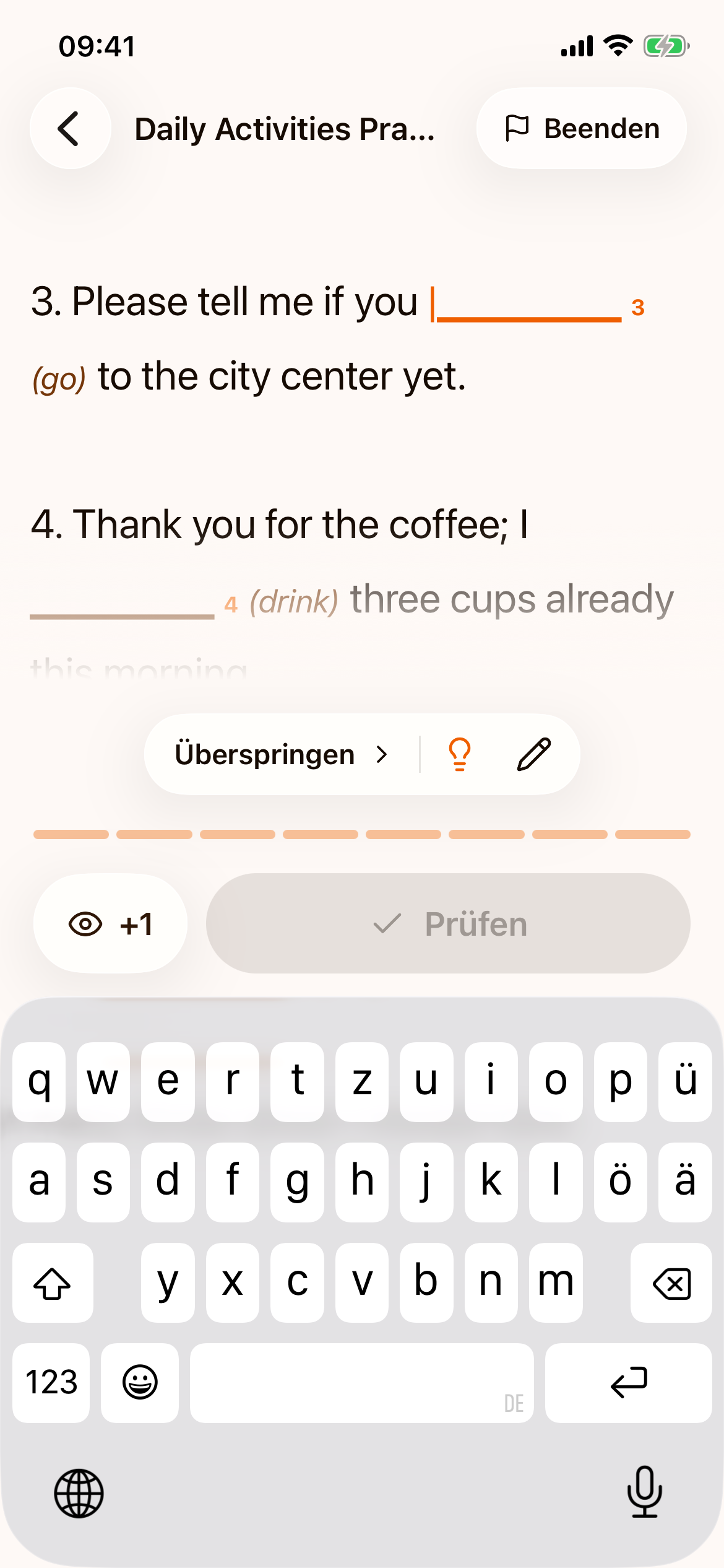 Eine Zeitformen-Übung mit nummerierten Sätzen, jeweils mit einer Lücke und der Grundform des Verbs in Klammern, etwa „(go)“ und „(drink)“