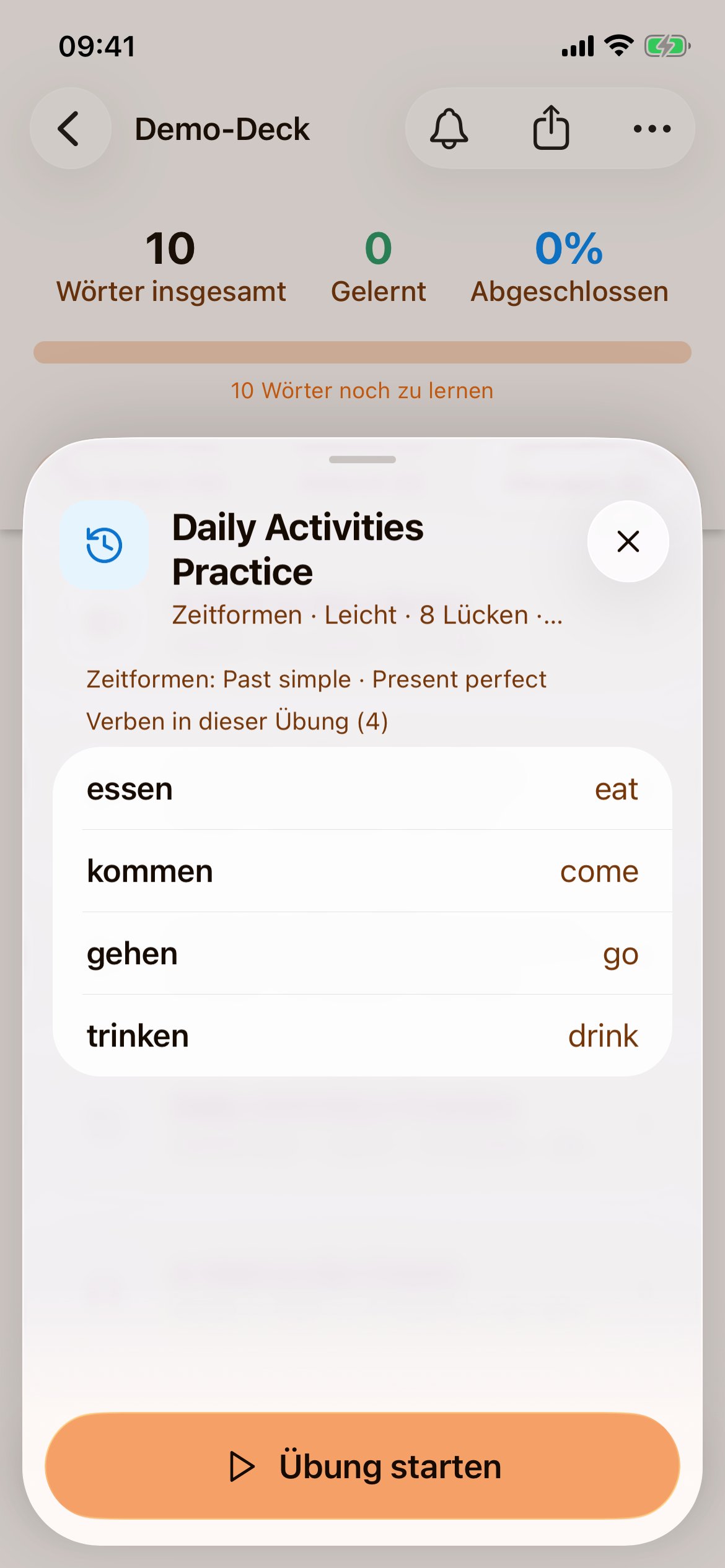 Die Vorschau von „Daily Activities Practice“ mit „Zeitformen: Past simple · Present perfect“ und „Verben in dieser Übung (4)“: essen – eat, kommen – come, gehen – go, trinken – drink, unten „Übung starten“