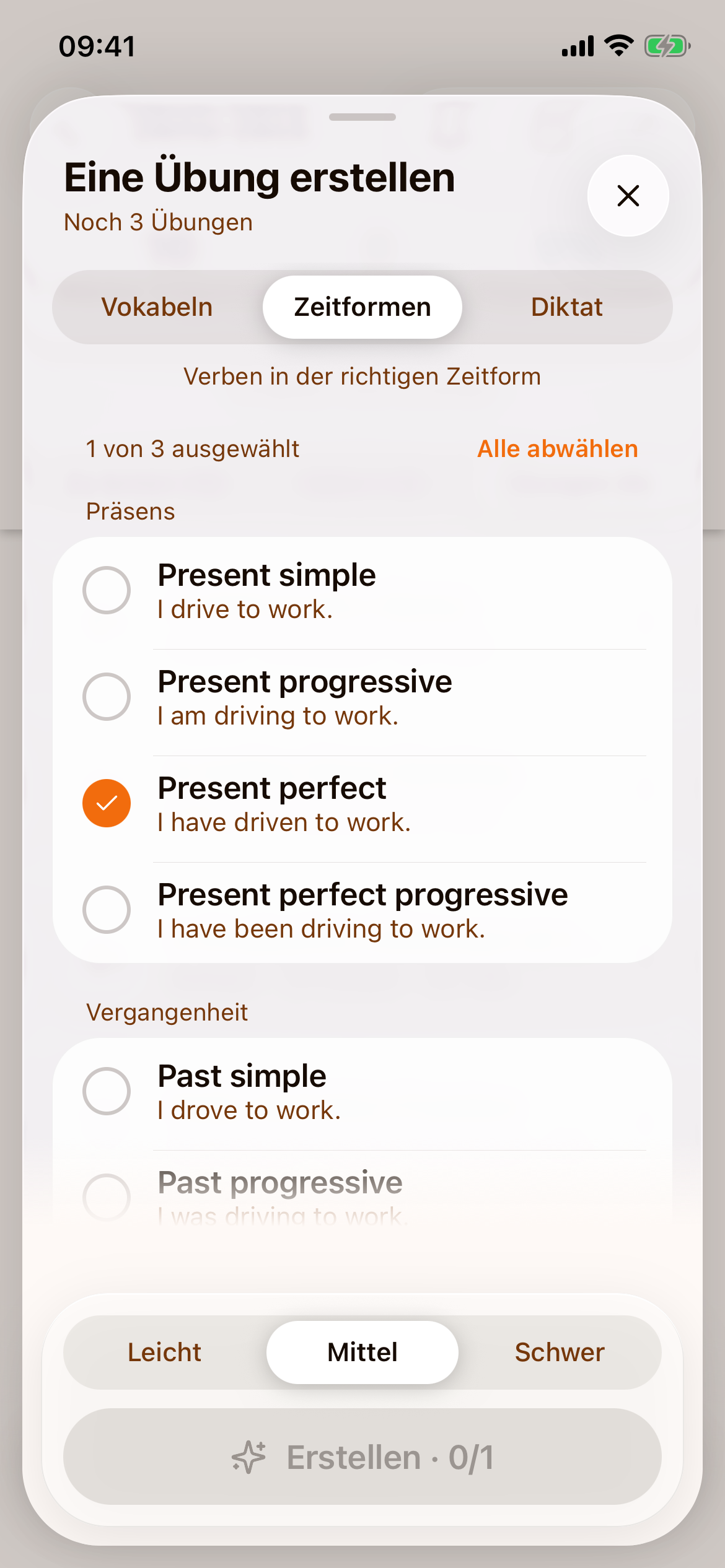 Die Liste der Zeitformen mit angehaktem „Present perfect“ und „1 von 3 ausgewählt“