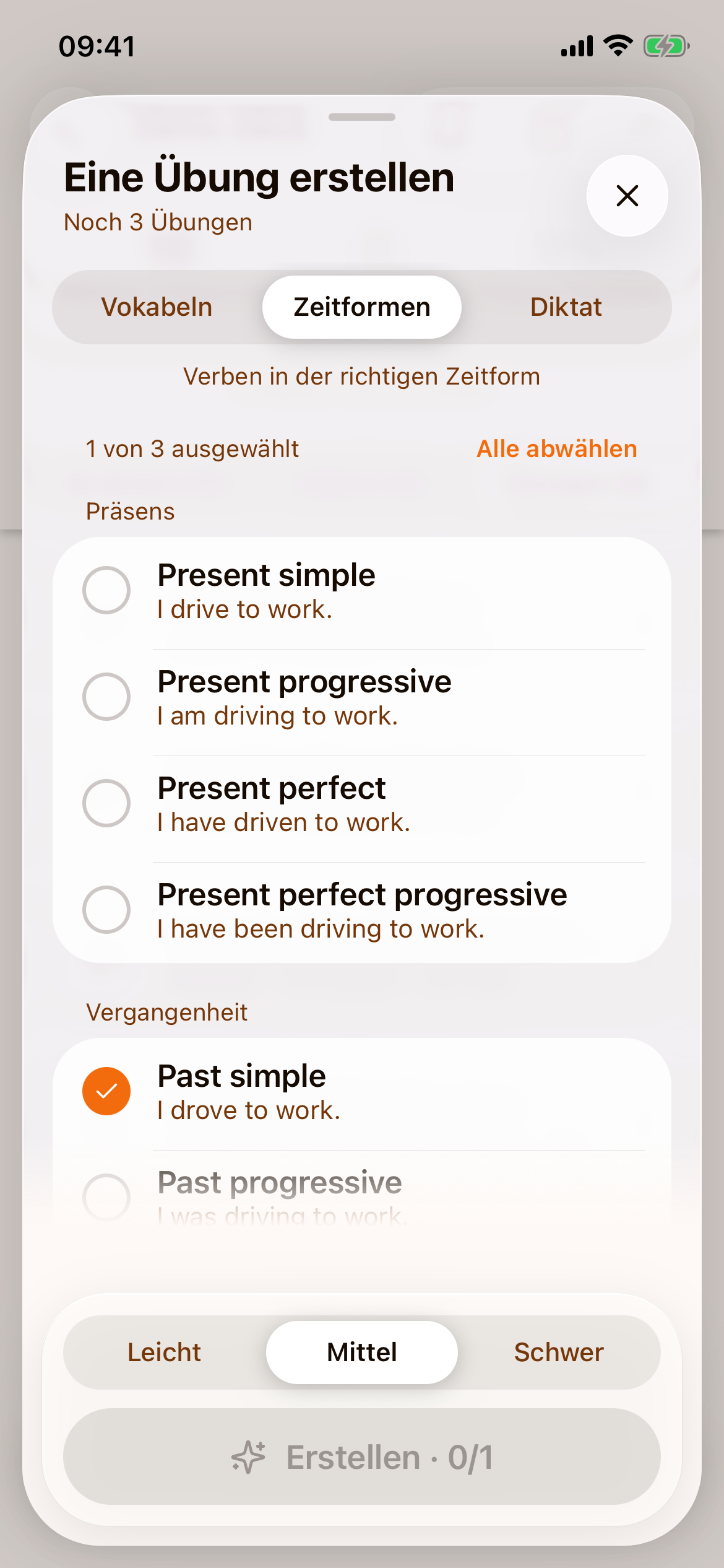 „Eine Übung erstellen“ mit gewähltem „Zeitformen“, „1 von 3 ausgewählt“, „Alle abwählen“ und den Zeitformen unter „Präsens“ und „Vergangenheit“, jede mit einem Beispielsatz; „Past simple“ ist angehakt