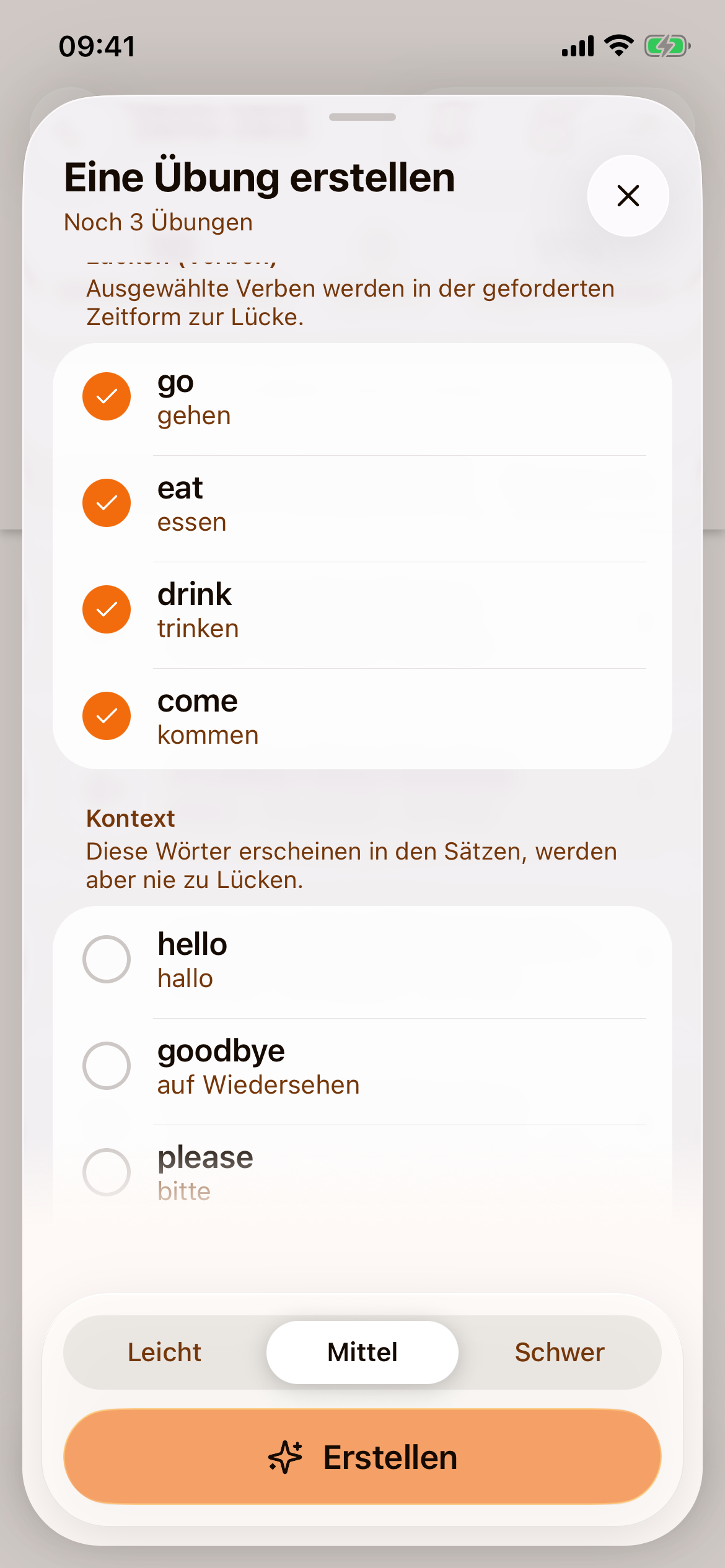 Der untere Teil der Auswahl mit den angehakten Verben „go“, „eat“, „drink“ und „come“ als Lücken, darunter „Kontext“ mit „hello“, „goodbye“ und „please“, und die Schaltfläche „Erstellen“