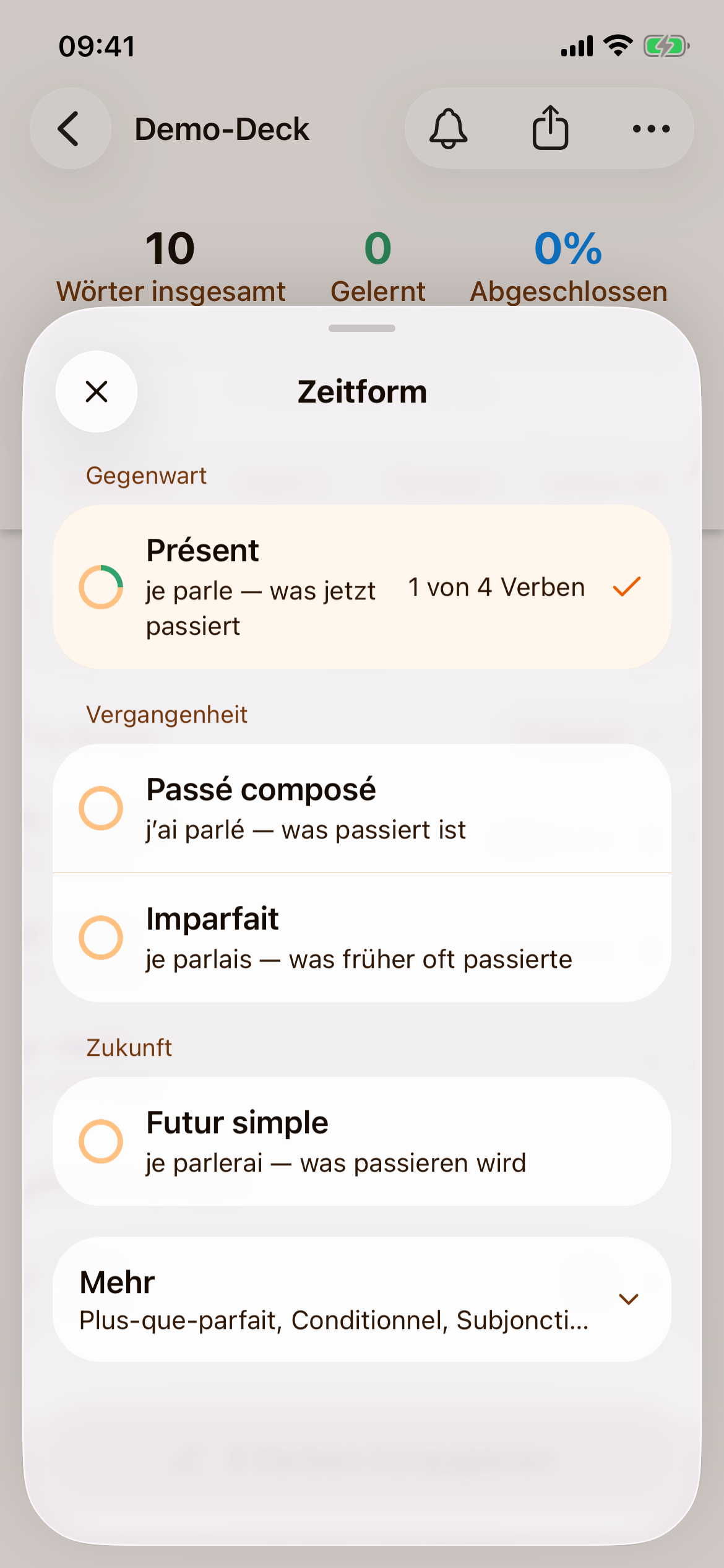 Die Auswahl der Zeitform mit den französischen Zeitformen, jeweils mit Beispiel, Verwendung und Zahl der gelernten Verben