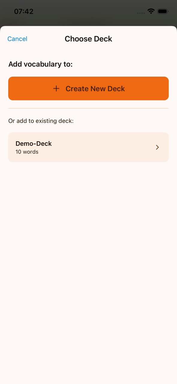 Choose Deck screen with options to create a new deck or add to an existing one