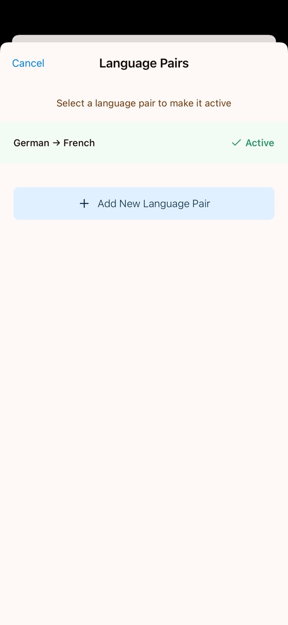 Language Pairs screen showing German to French as the active pair