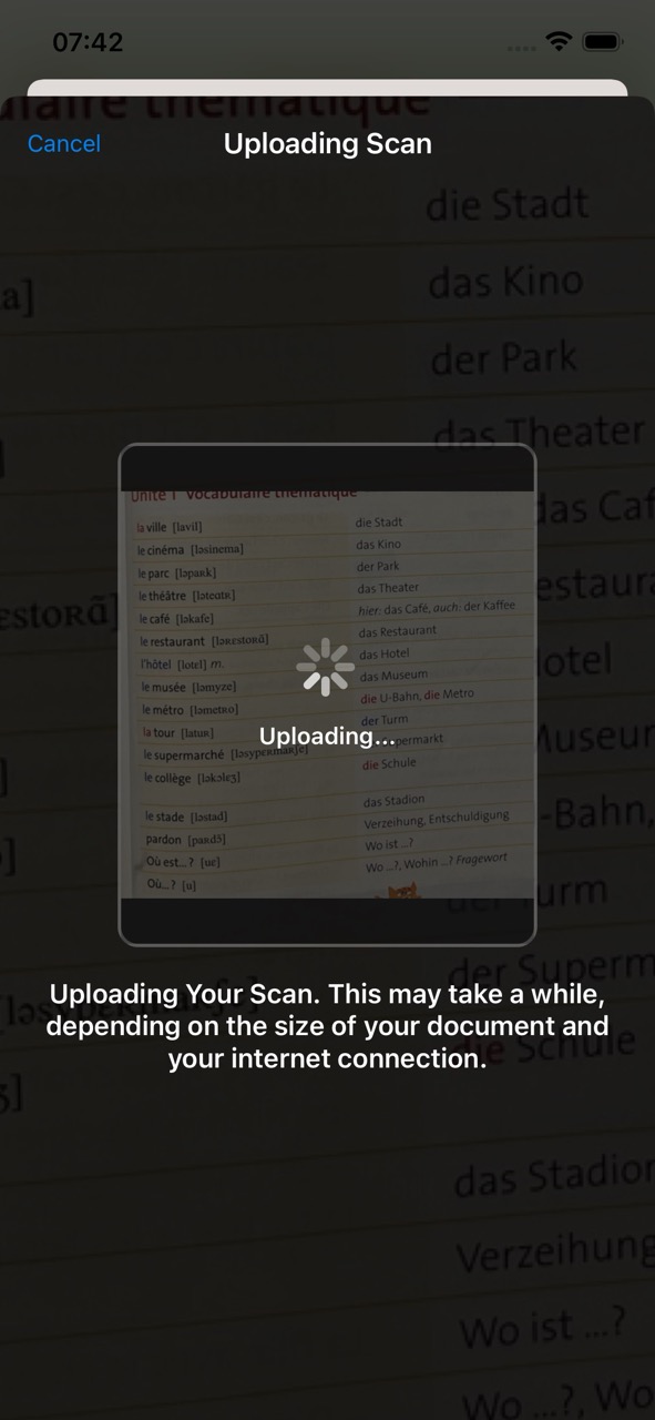 Uploading Scan screen showing a French-German vocabulary page being processed