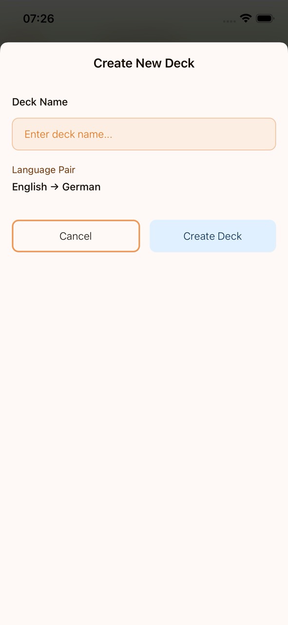 Create New Deck dialog with a name field and the current language pair