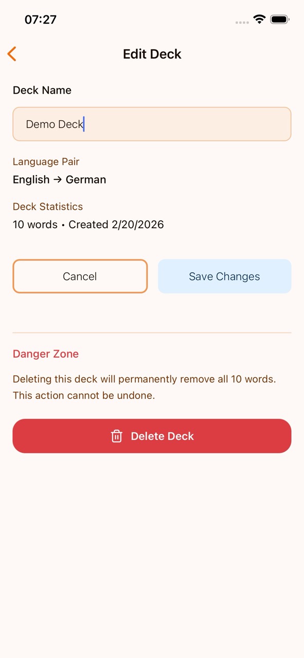 Edit Deck screen with name field, language pair, statistics, and Delete Deck button in the Danger Zone