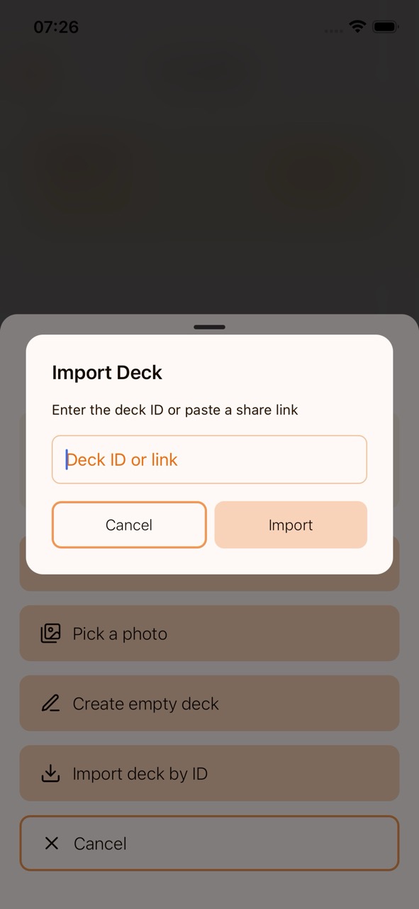 Import Deck dialog with a field for entering a deck ID or share link