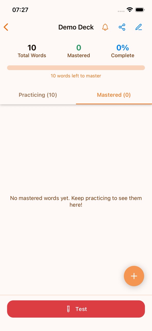 The Mastered tab showing the Test button at the bottom of the screen
