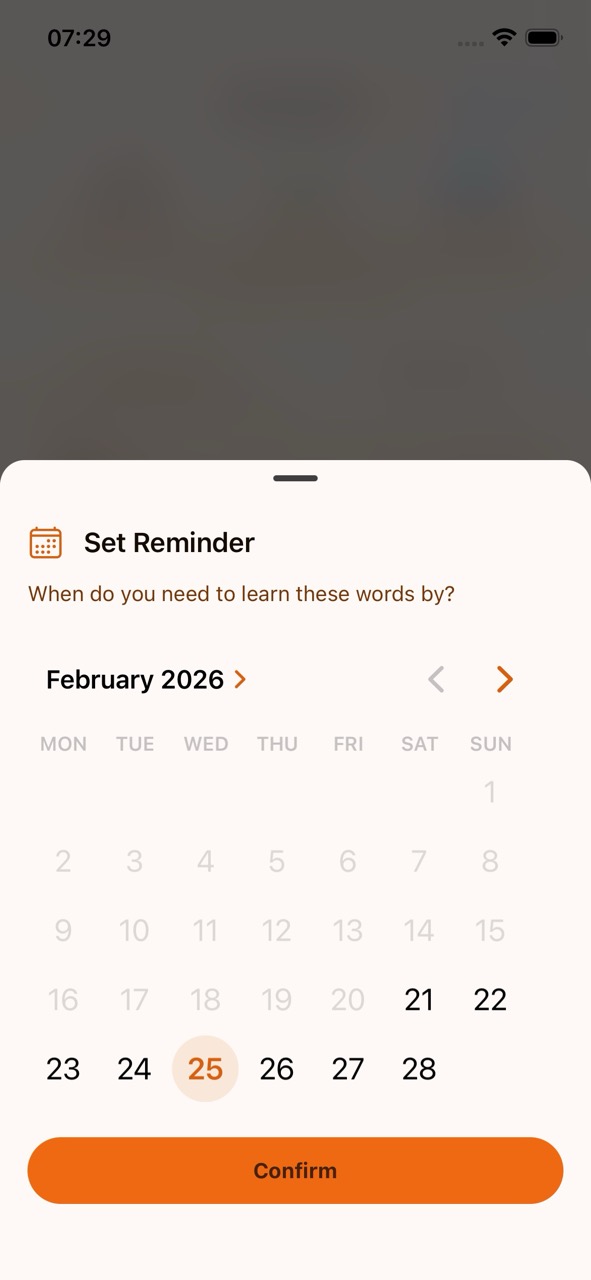 Set Reminder screen with calendar picker for choosing a study deadline