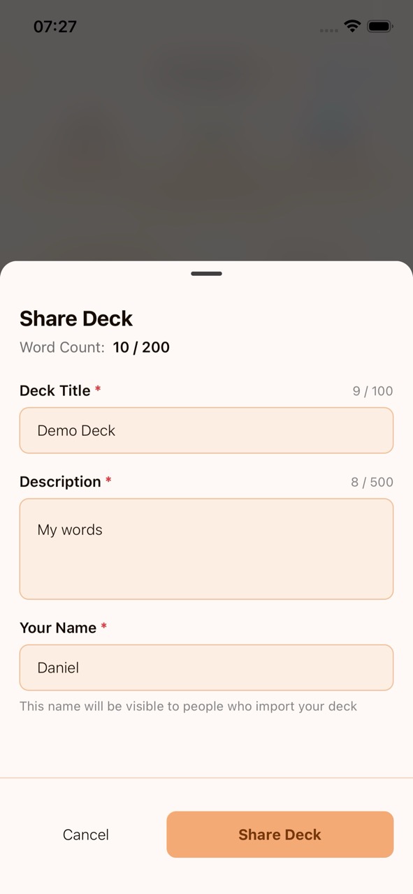 Share Deck form with title, description, and name fields filled in