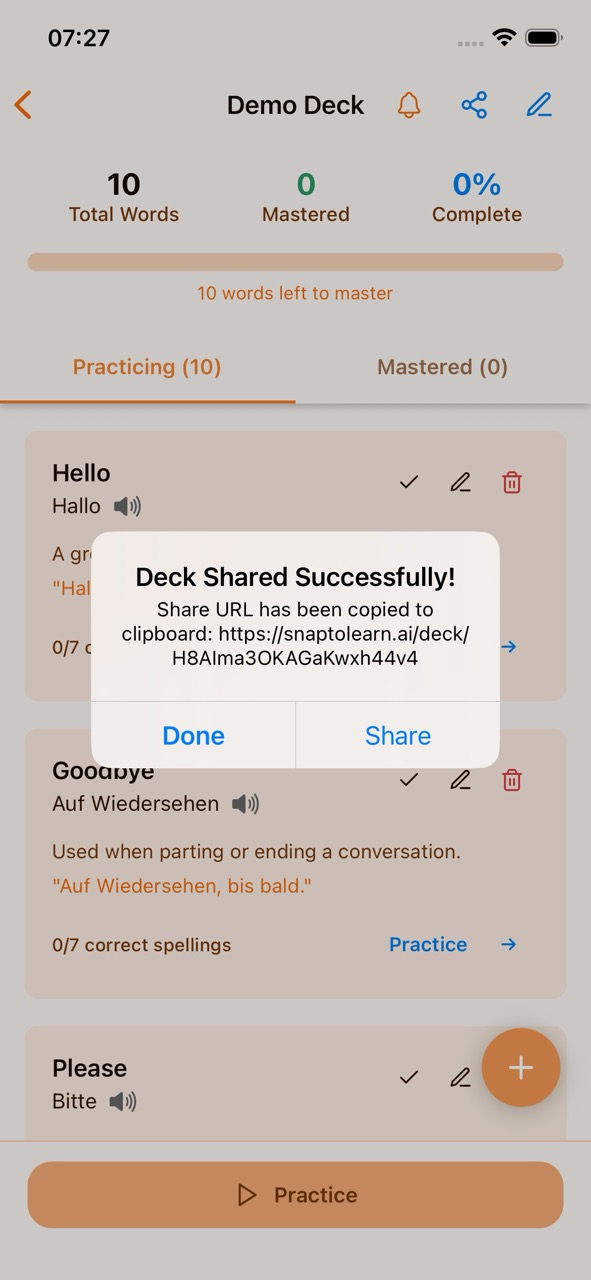 Success dialog showing the shareable link has been copied to the clipboard
