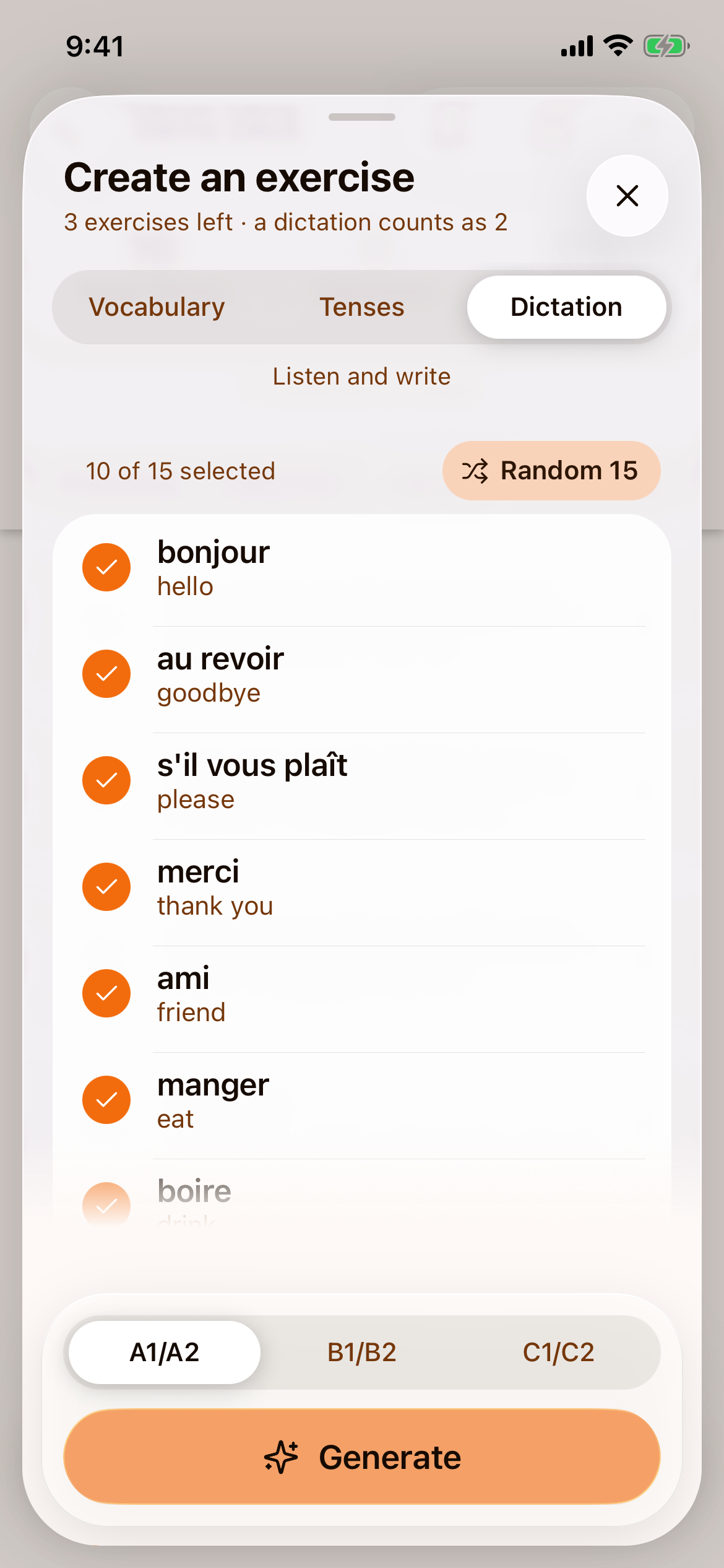 The Create an exercise sheet with Dictation selected, ten words ticked, the levels A1/A2, B1/B2 and C1/C2, and the Generate button