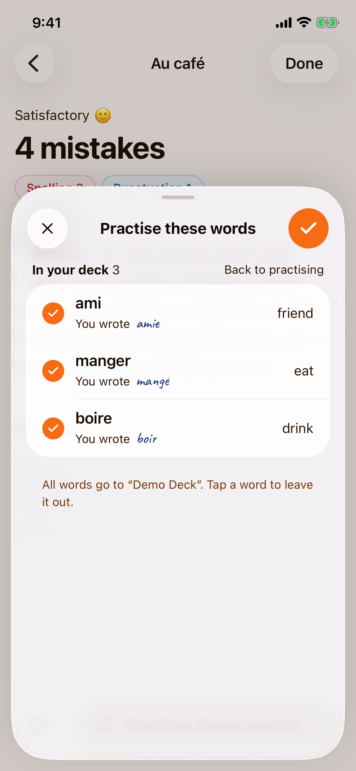 The Practise these words sheet listing ami, manger and boire under In your deck, each with what was written: amie, mangé, boir