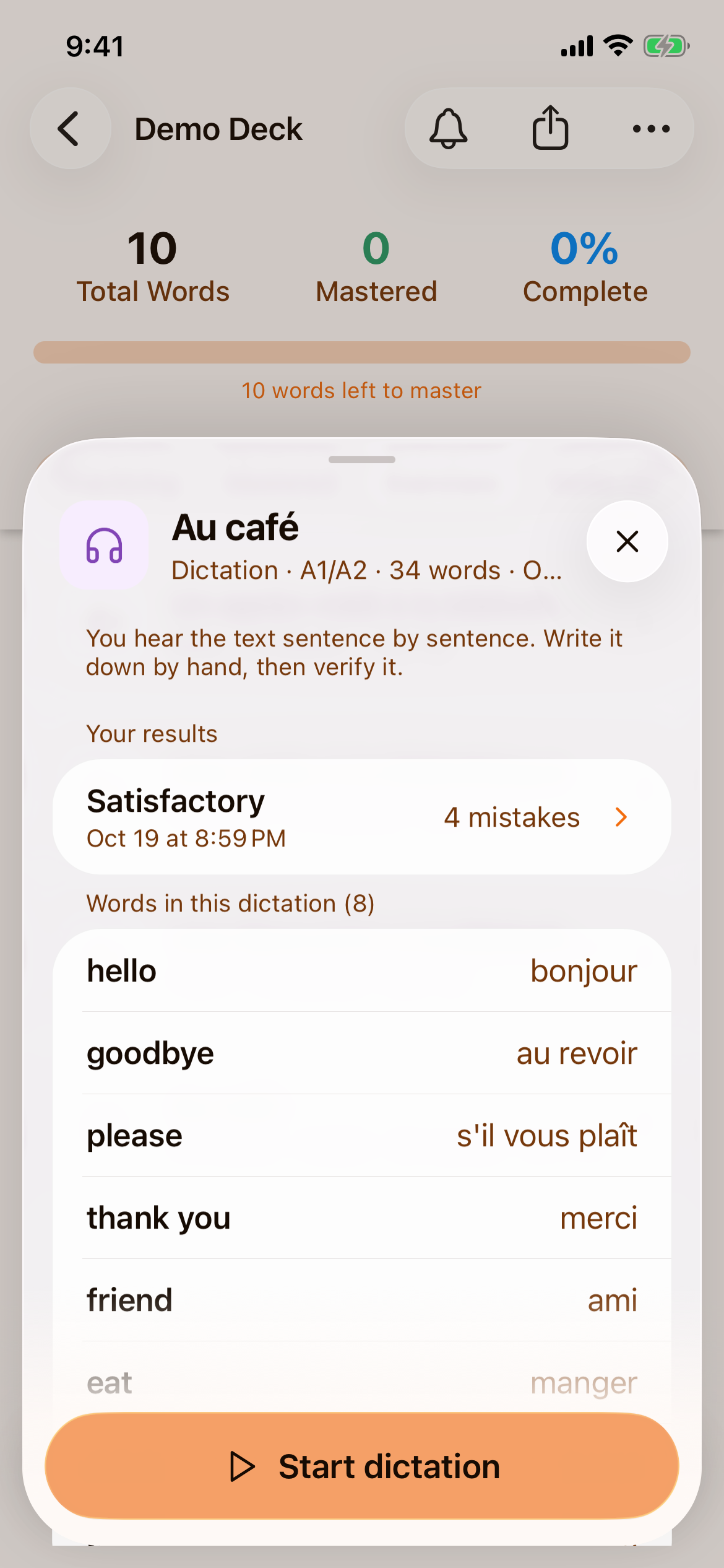 The preview of the dictation Au café with Your results showing one attempt, the words in the dictation, and the Start dictation button