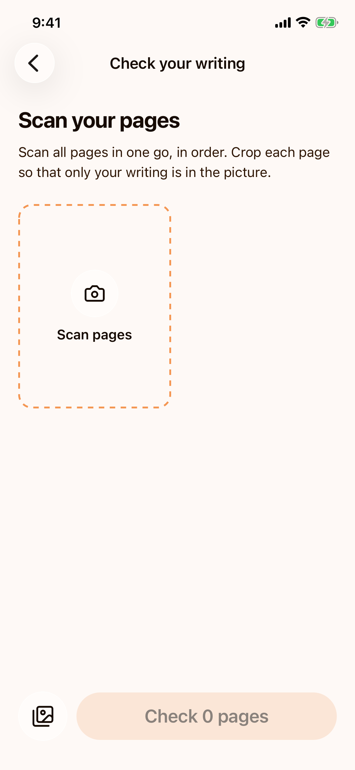 The Check your writing screen with the Scan pages tile and the Choose from photos button