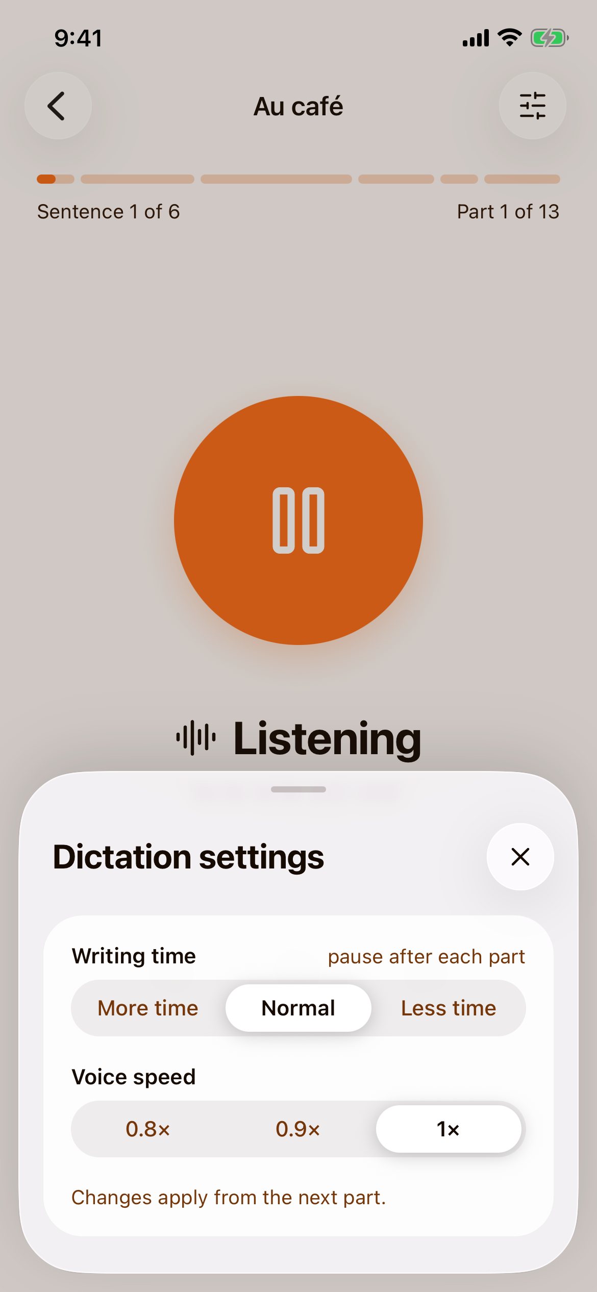 The Dictation settings sheet with Writing time (More time, Normal, Less time) and Voice speed (0.8×, 0.9×, 1×)
