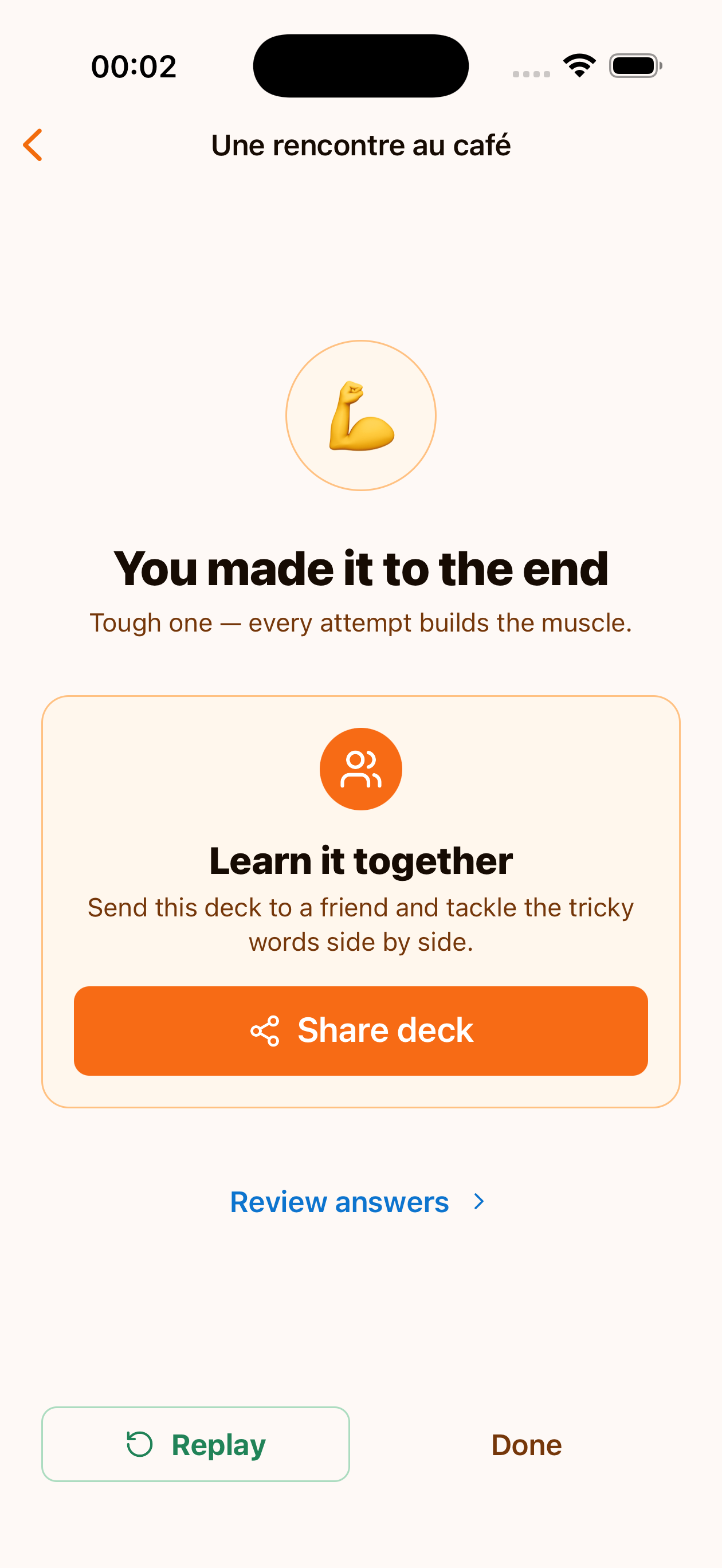 The exercise completion screen with a score message, a "Learn it together" share card, and Replay / Done buttons